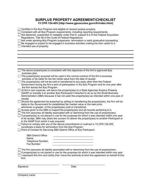 Surplus Property Agreement/Checklist - Louisiana