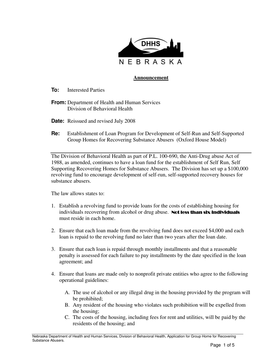 Application for Loan Group Home for Recovering Substance Abusers - Nebraska, Page 1