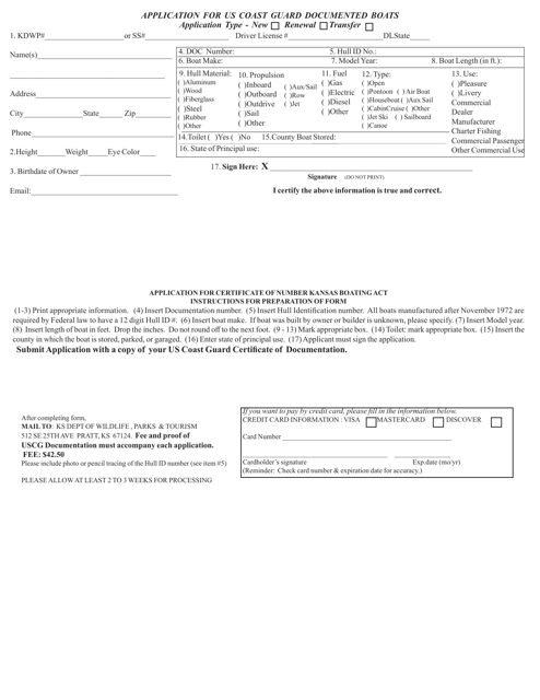Application for US Coast Guard Documented Boats - Kansas Download Pdf