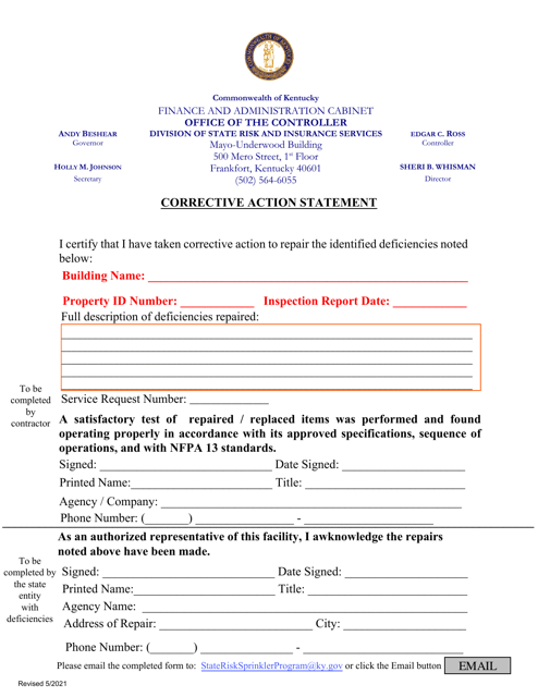 Corrective Action Statement - Contractor - Kentucky Download Pdf