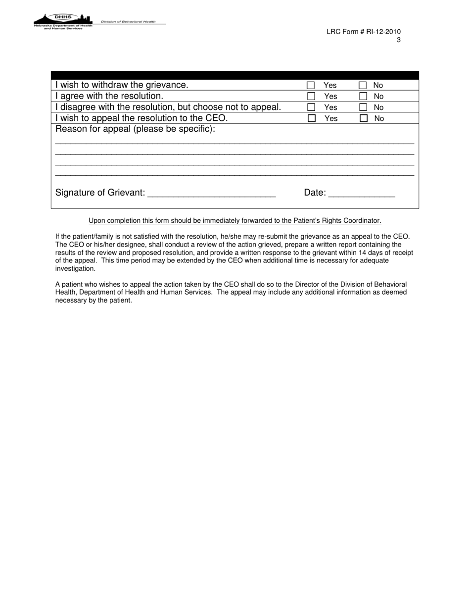 LRC Form RI-12-2010 Lrc Patient Grievance Form - Nebraska, Page 3