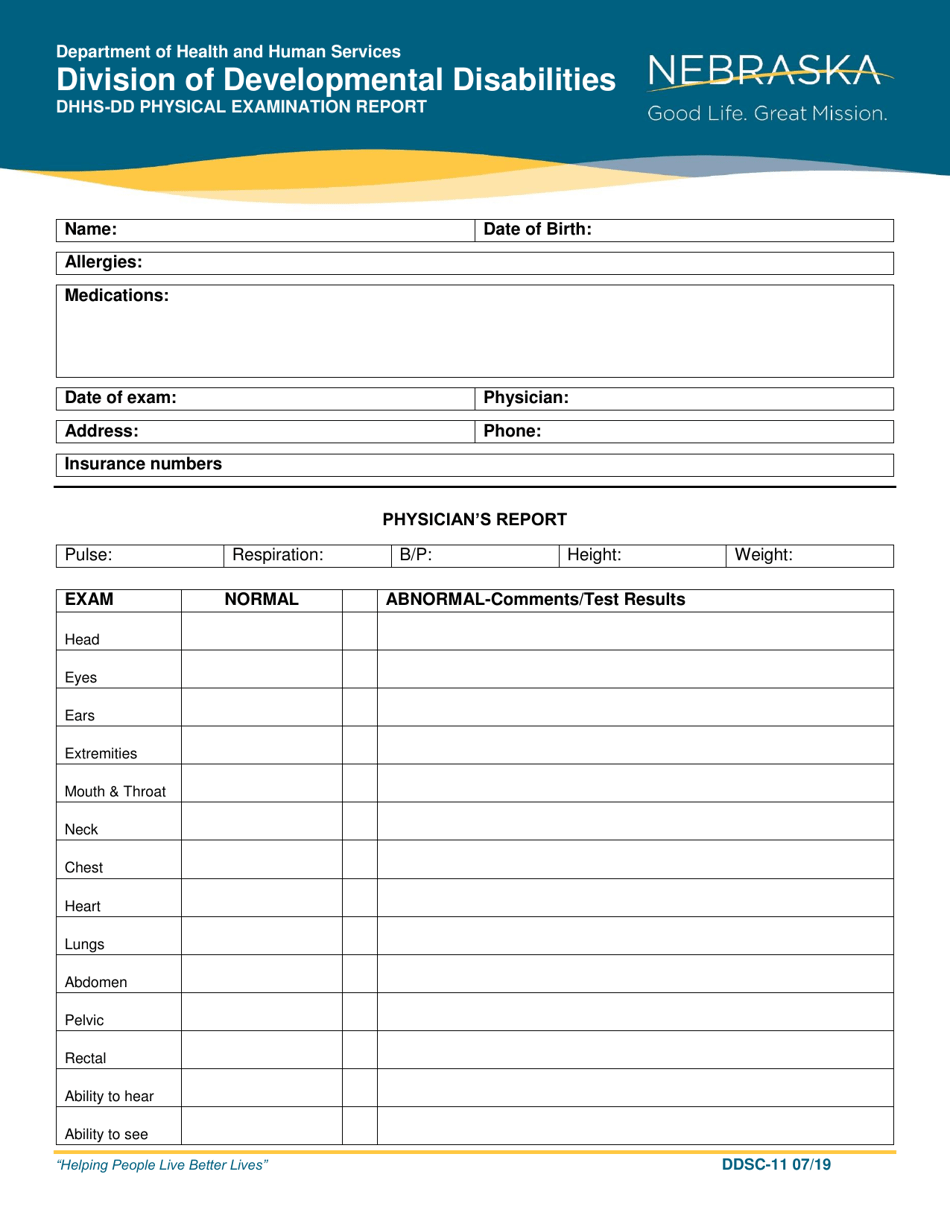 Form DDSC-11 Dhhs-DD Physical Examination Report - Nebraska, Page 1