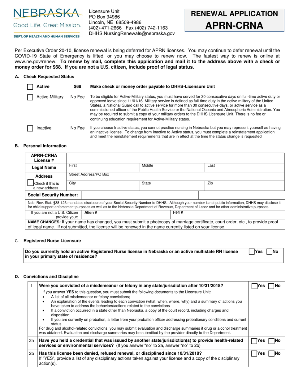 Renewal Application - Aprn - Crna - Nebraska, Page 1
