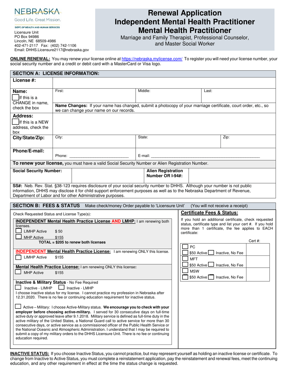 Nebraska Renewal Application Independent Mental Health Practitioner