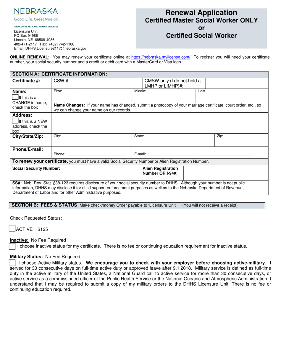 Renewal Application - Certified Master Social Worker Only or Certified Social Worker - Nebraska, Page 1