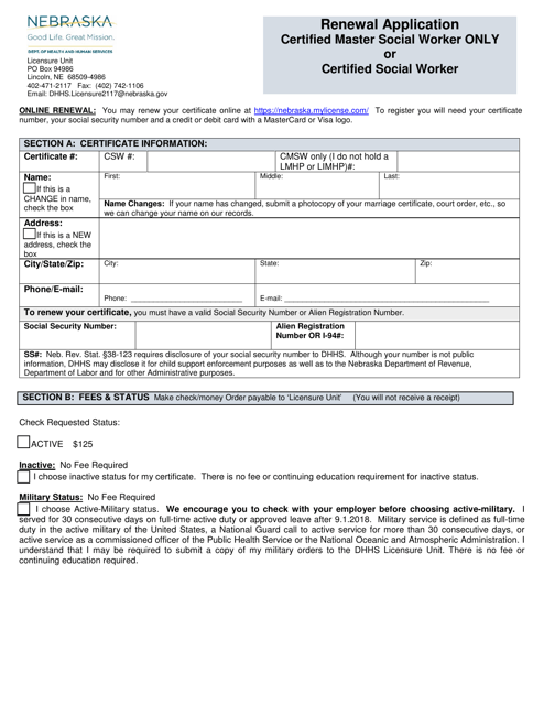 Renewal Application - Certified Master Social Worker Only or Certified Social Worker - Nebraska Download Pdf