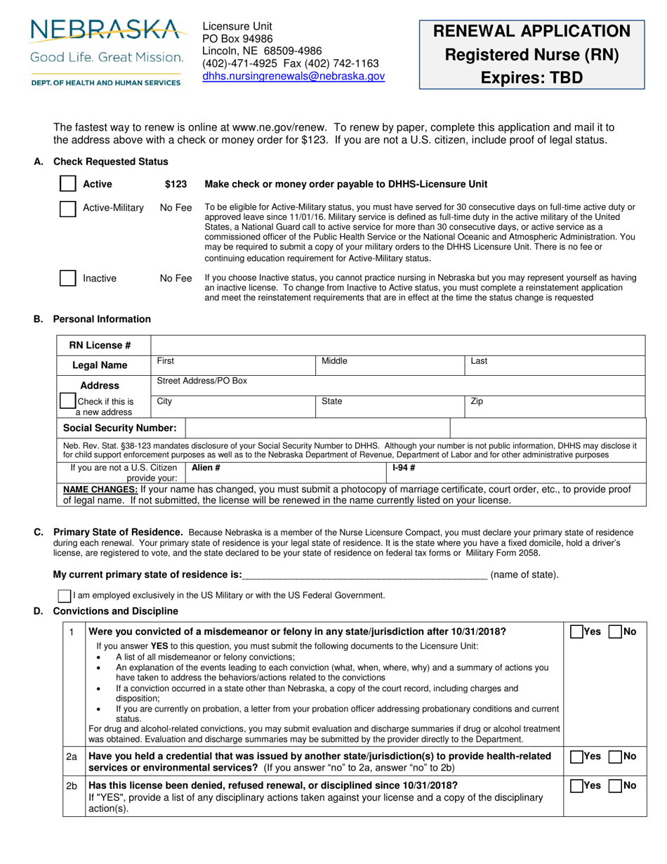 Renewal Application - Registered Nurse (Rn) - Nebraska, Page 1