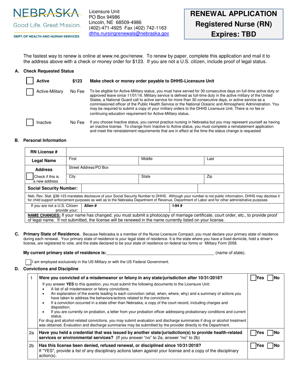 2020 Nebraska Renewal Application Registered Nurse (Rn) Fill Out