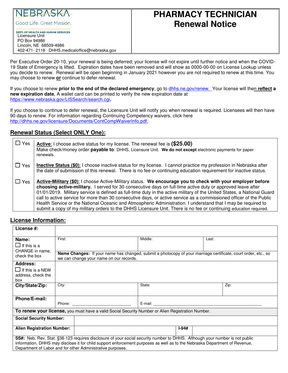 Pharmacy Technician Renewal Notice - Nebraska, Page 1