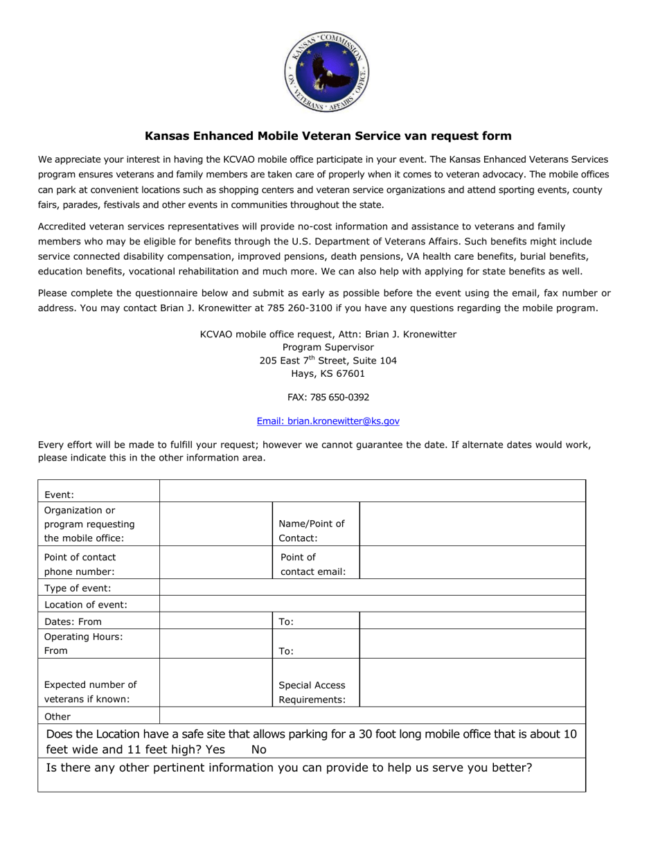 Kansas Enhanced Mobile Veteran Service Van Request Form - Kansas, Page 1