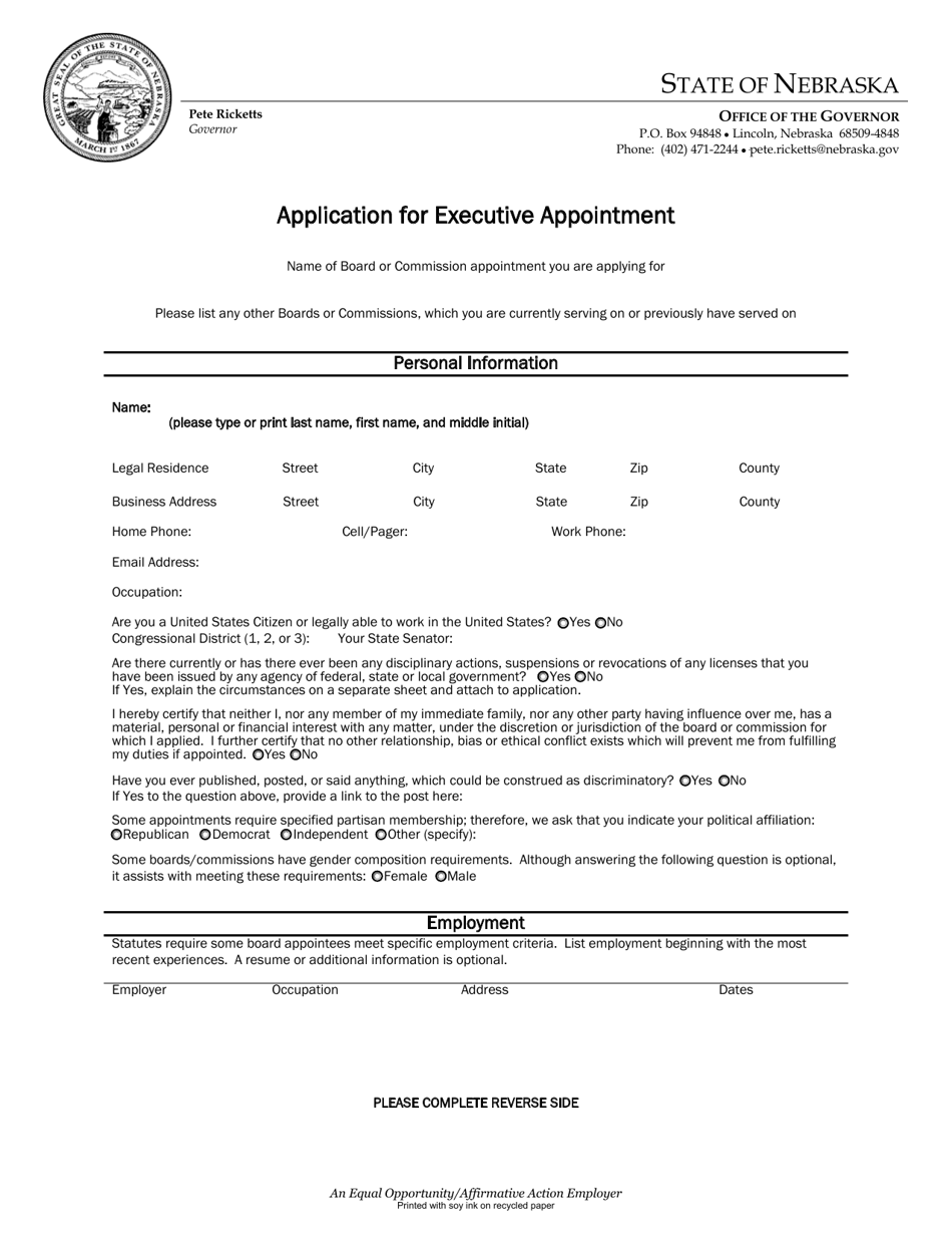 Application for Executive Appointment - Nebraska, Page 1