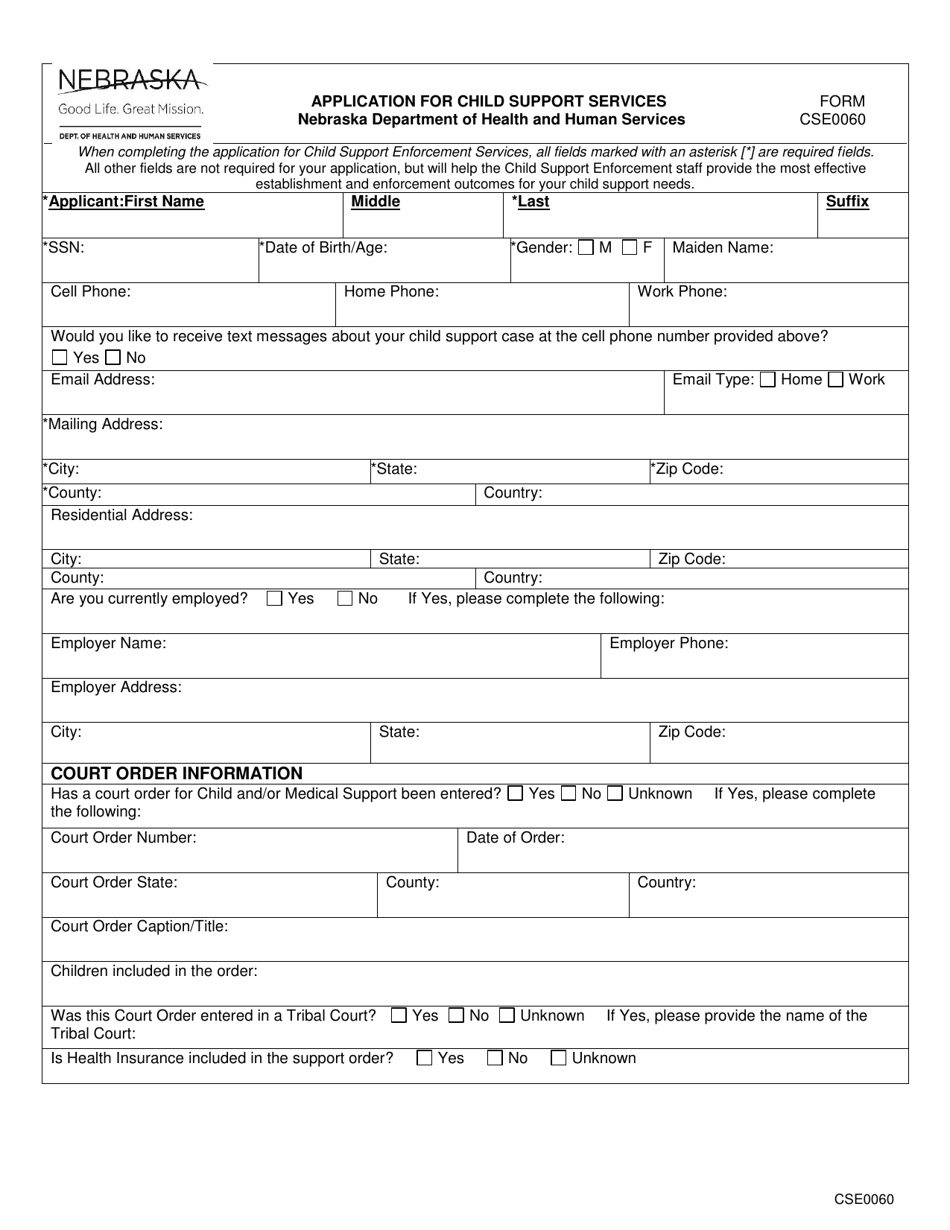 Form CSE0060 Application for Child Support Services - Nebraska, Page 1