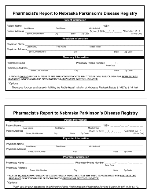 Pharmacist's Report to Nebraska Parkinson's Disease Registry - Nebraska