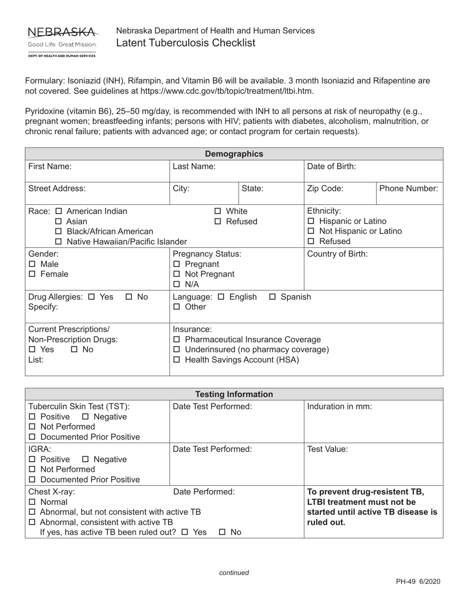 Form PH-49 Latent Tuberculosis Checklist - Nebraska, Page 1