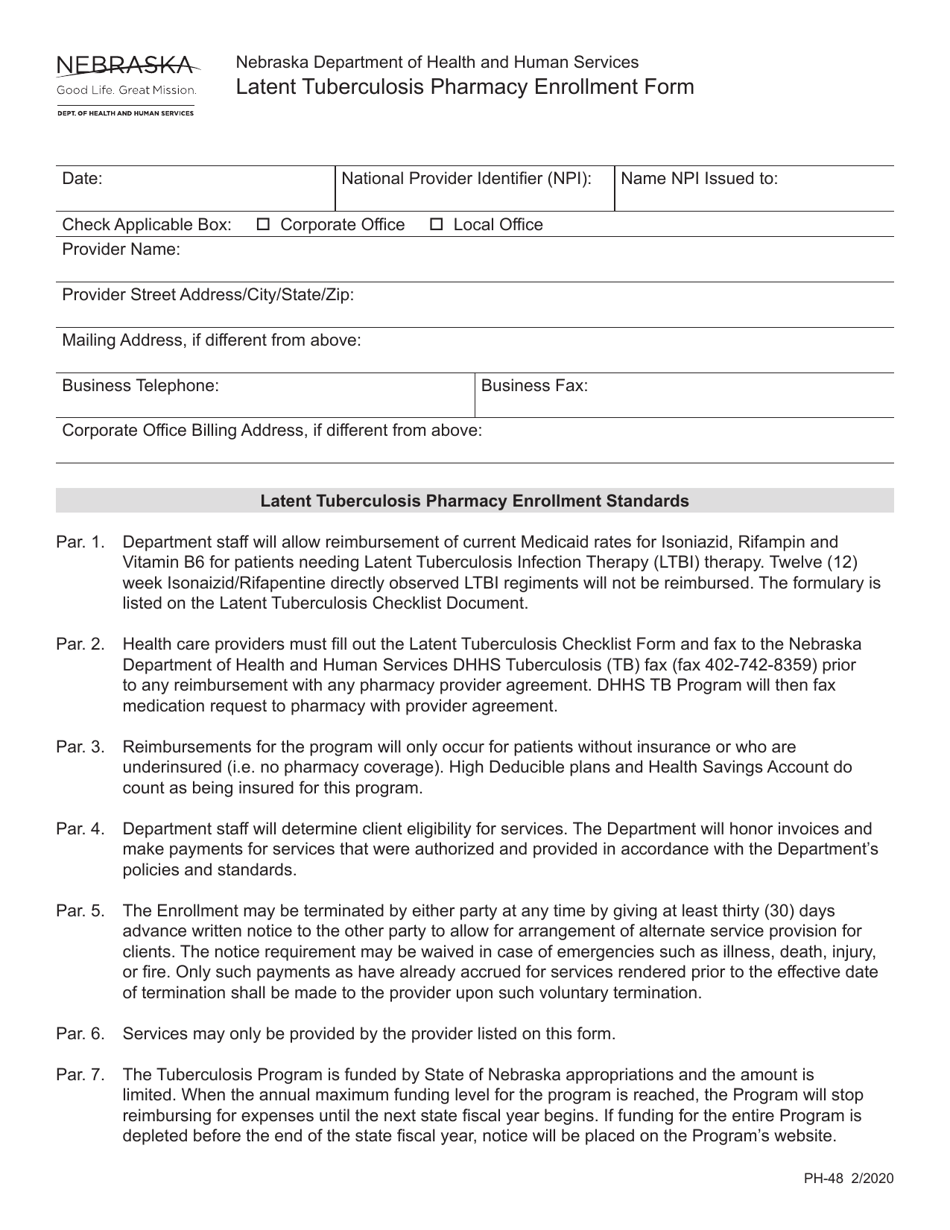 Form PH-48 Latent Tuberculosis Pharmacy Enrollment Form - Nebraska, Page 1
