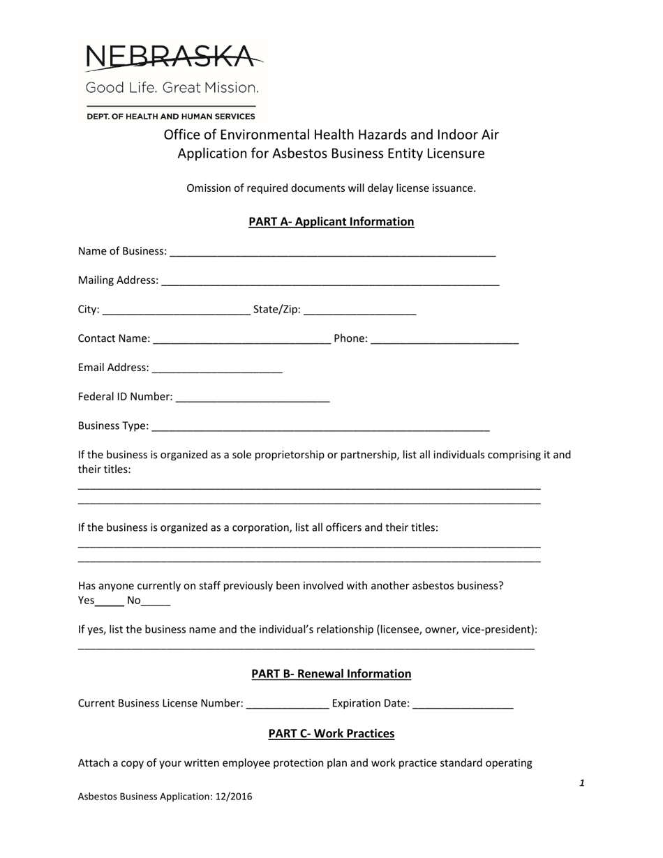 Application for Asbestos Business Entity Licensure - Nebraska, Page 1