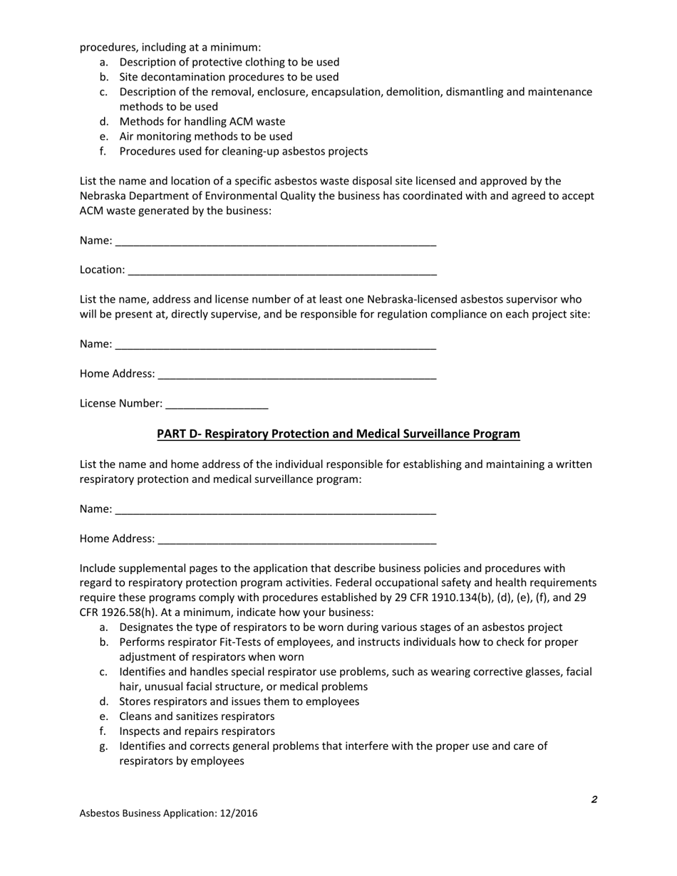 Application for Asbestos Business Entity Licensure - Nebraska, Page 2