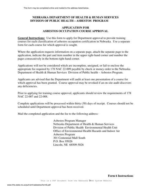 Form 6 Application for Asbestos Occupation Course Approval - Nebraska