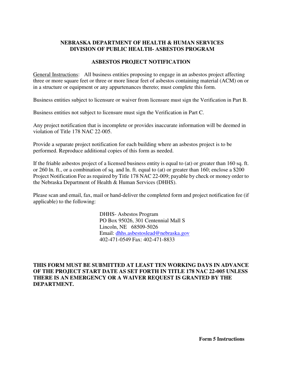 Form 5 Asbestos Project Notification - Nebraska, Page 1