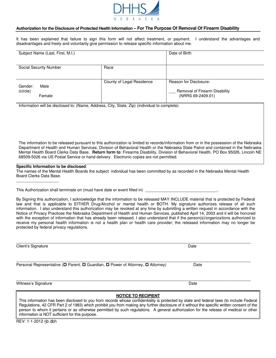 Authorization for the Disclosure of Protected Health Information - for the Purpose of Removal of Firearm Disability - Nebraska, Page 1