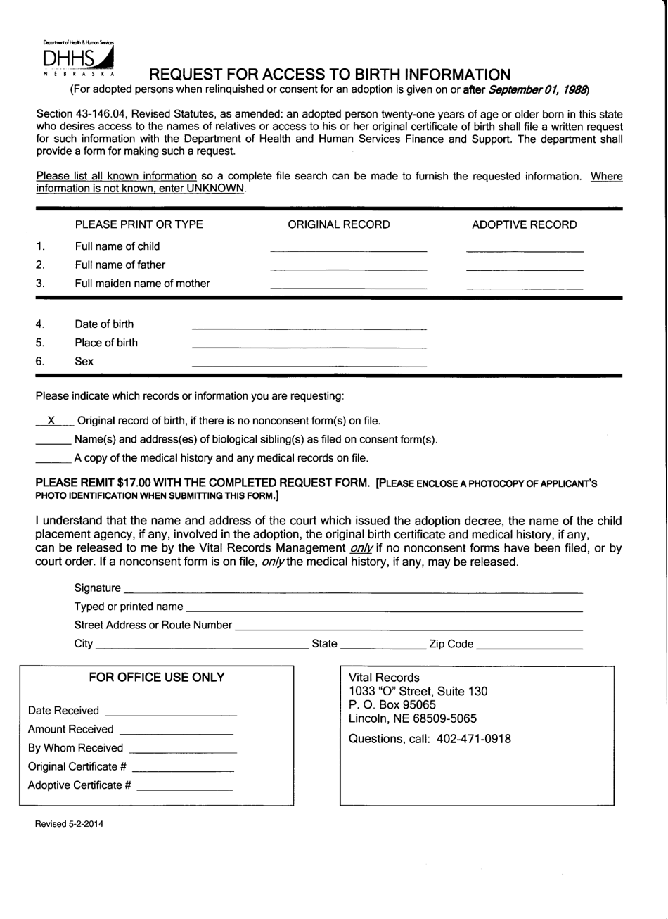 Request for Access to Birth Information (After September 1, 1988) - Nebraska, Page 1