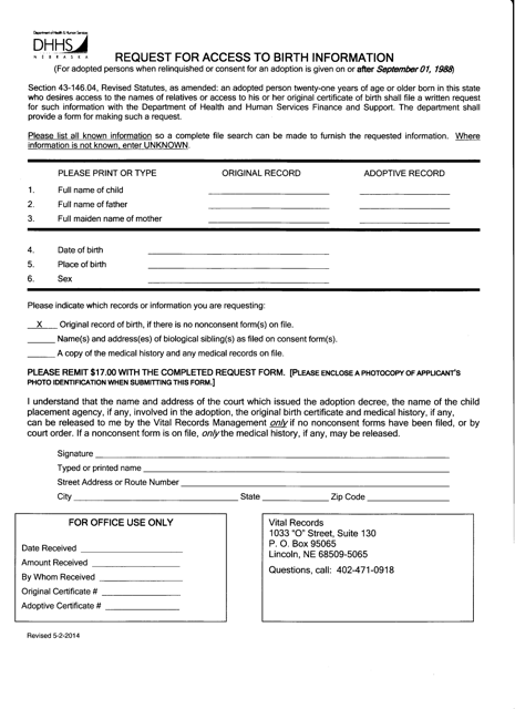 Request for Access to Birth Information (After September 1, 1988) - Nebraska Download Pdf