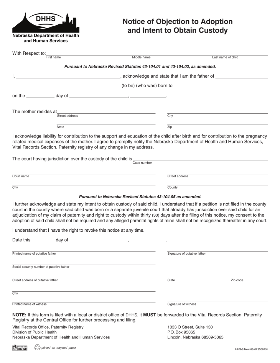 Form HHS-8 Notice of Objection to Adoption and Intent to Obtain Custody - Nebraska, Page 1
