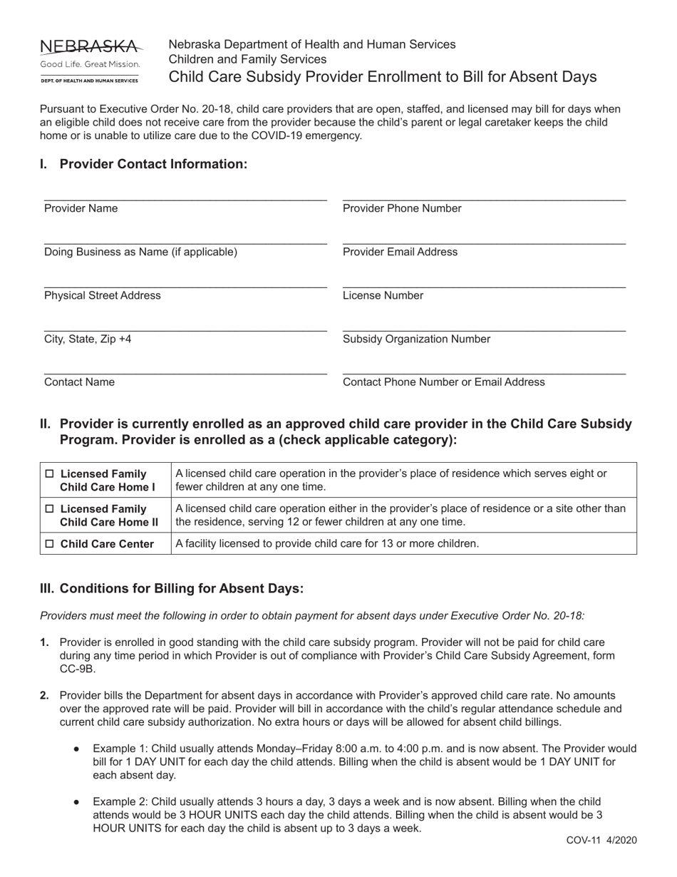 Form COV-11 Child Care Subsidy Provider Enrollment to Bill for Absent Days - Nebraska, Page 1
