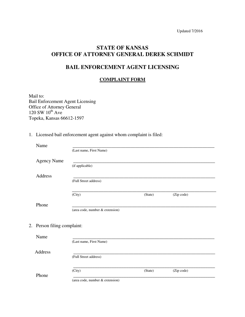 Bail Enforcement Agent Licensing Complaint Form - Kansas, Page 1