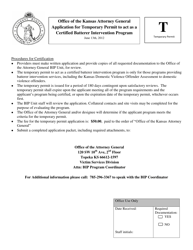 Document preview: Application for Temporary Permit to Act as a Certified Batterer Intervention Program - Kansas