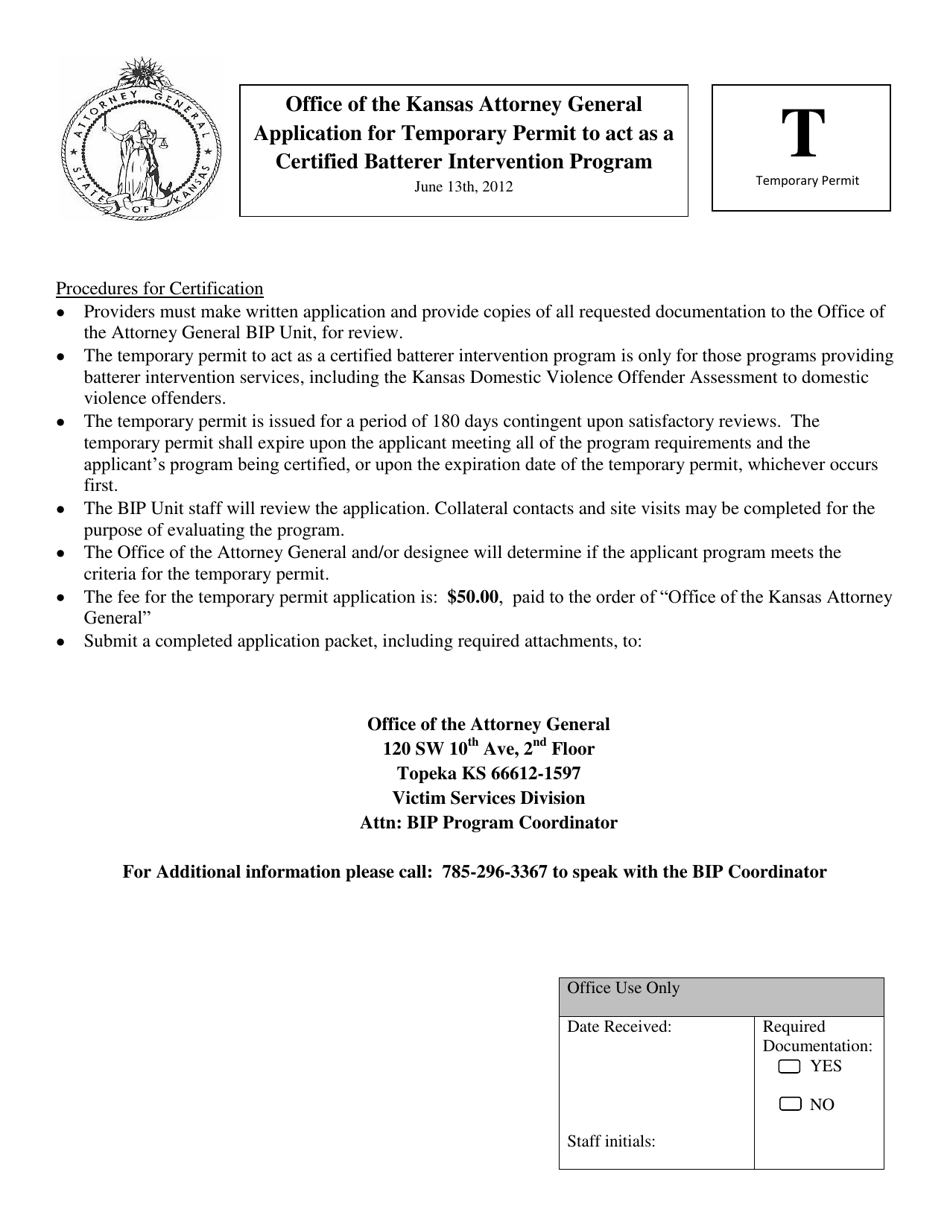 Application for Temporary Permit to Act as a Certified Batterer Intervention Program - Kansas, Page 1