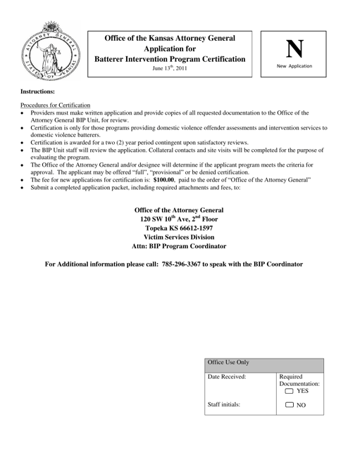 Application for Batterer Intervention Program Certification - Kansas Download Pdf