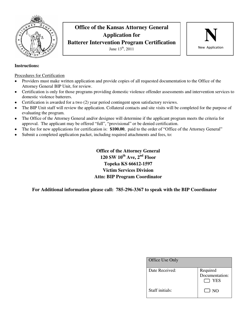 Application for Batterer Intervention Program Certification - Kansas, Page 1