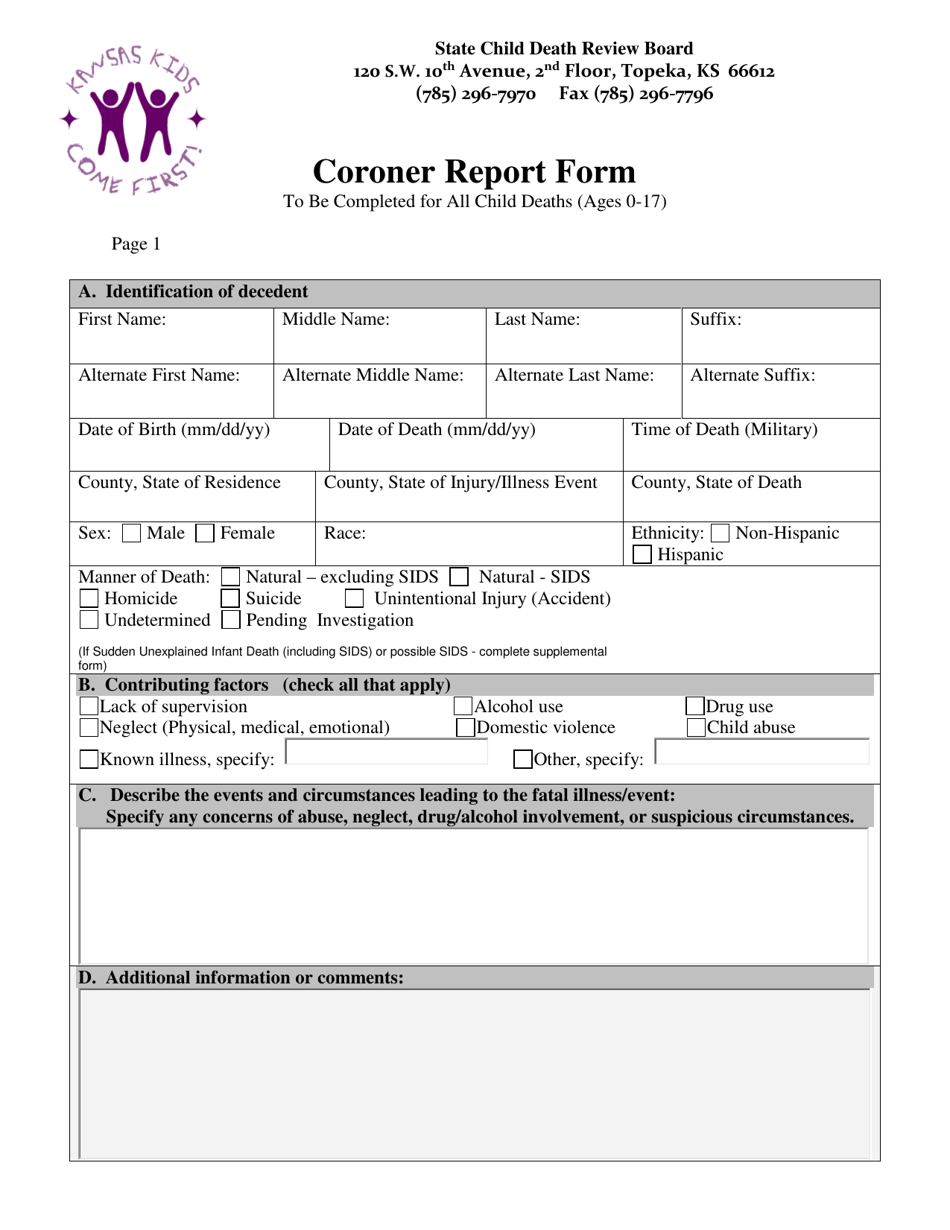Coroner Report Form - Kansas, Page 1