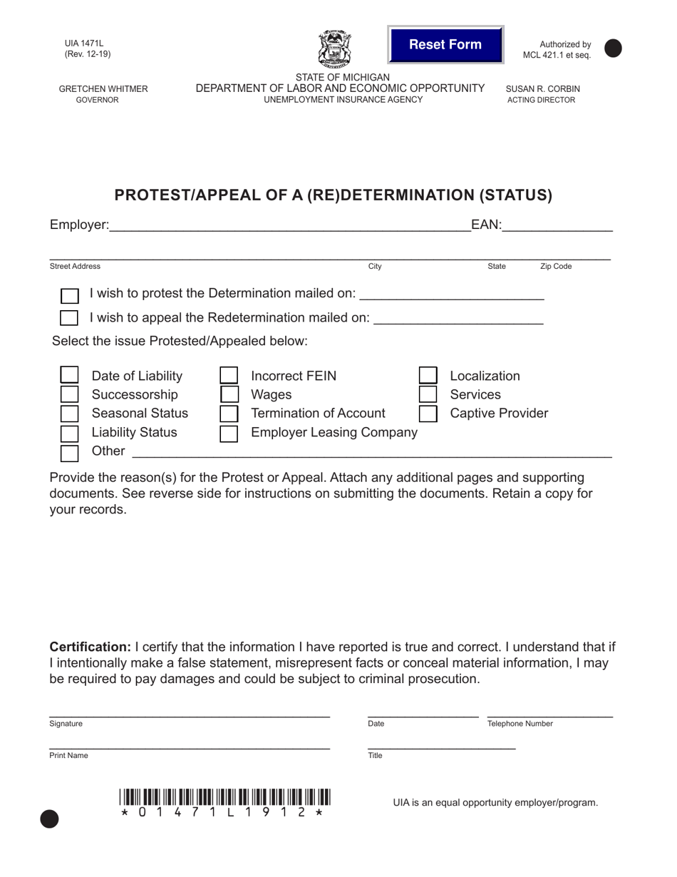 Form UIA1471L Protest / Appeal of a (Re)determination (Status) - Michigan, Page 1