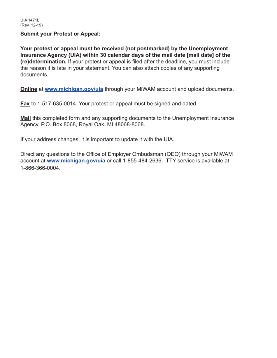 Form UIA1471L Protest / Appeal of a (Re)determination (Status) - Michigan, Page 2