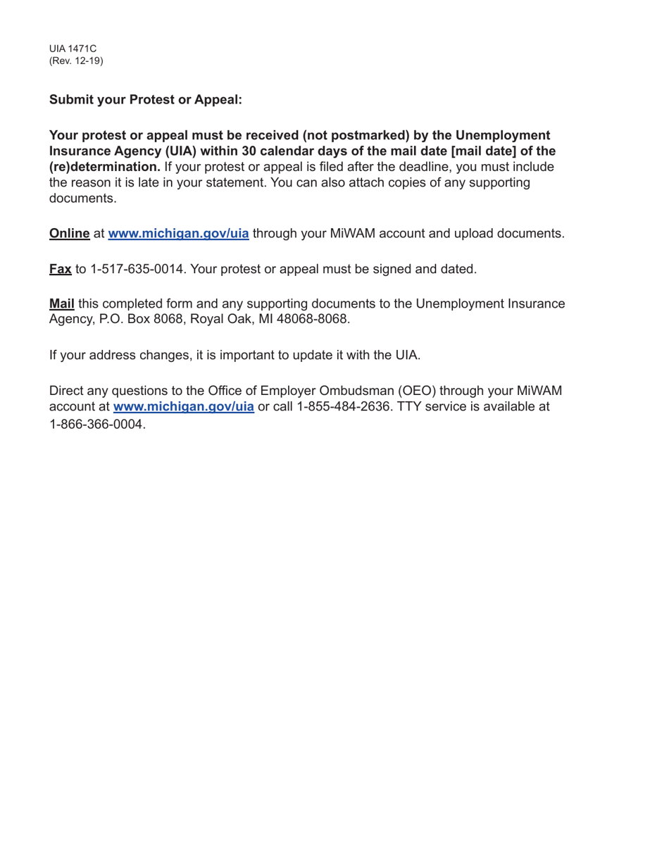 Form UIA1471C Protest / Appeal of a (Re)determination (Assessment) - Michigan, Page 2
