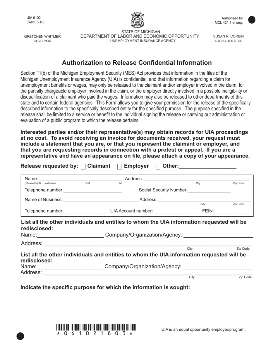 Form UIA6102 Authorization to Release Confidential Information - Michigan, Page 1