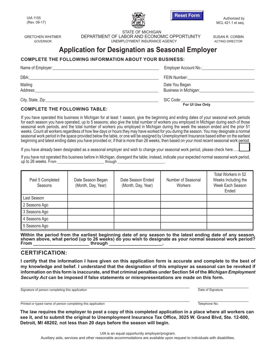Form UIA1155 Application for Designation as Seasonal Employer - Michigan, Page 1