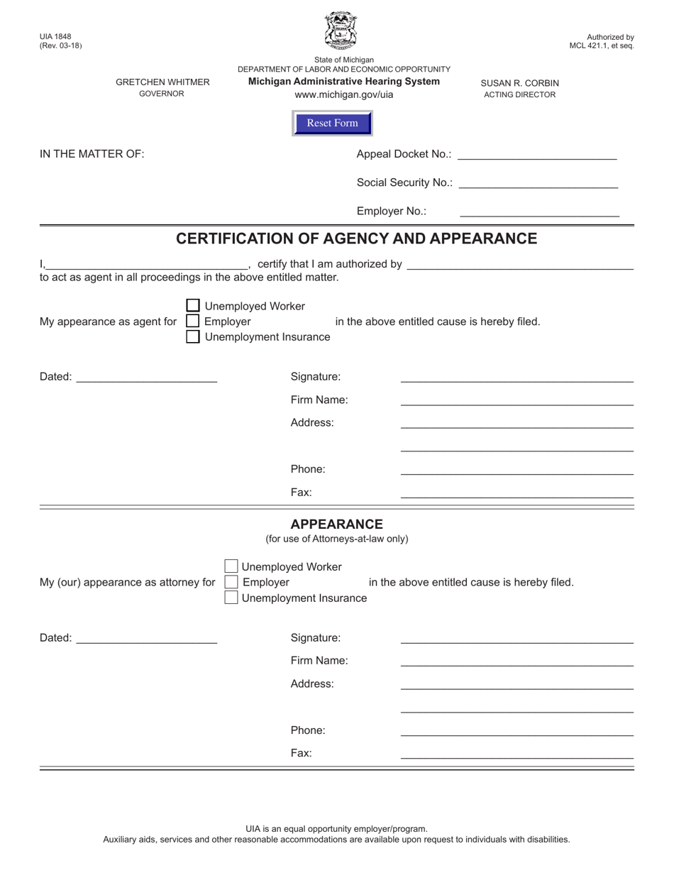Form UIA1848 Certification of Agency and Appearance - Michigan, Page 1