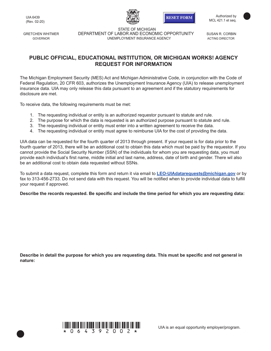 Form UIA6439 Public Official, Educational Institution, or Michigan Works! Agency Request for Information - Michigan, Page 1