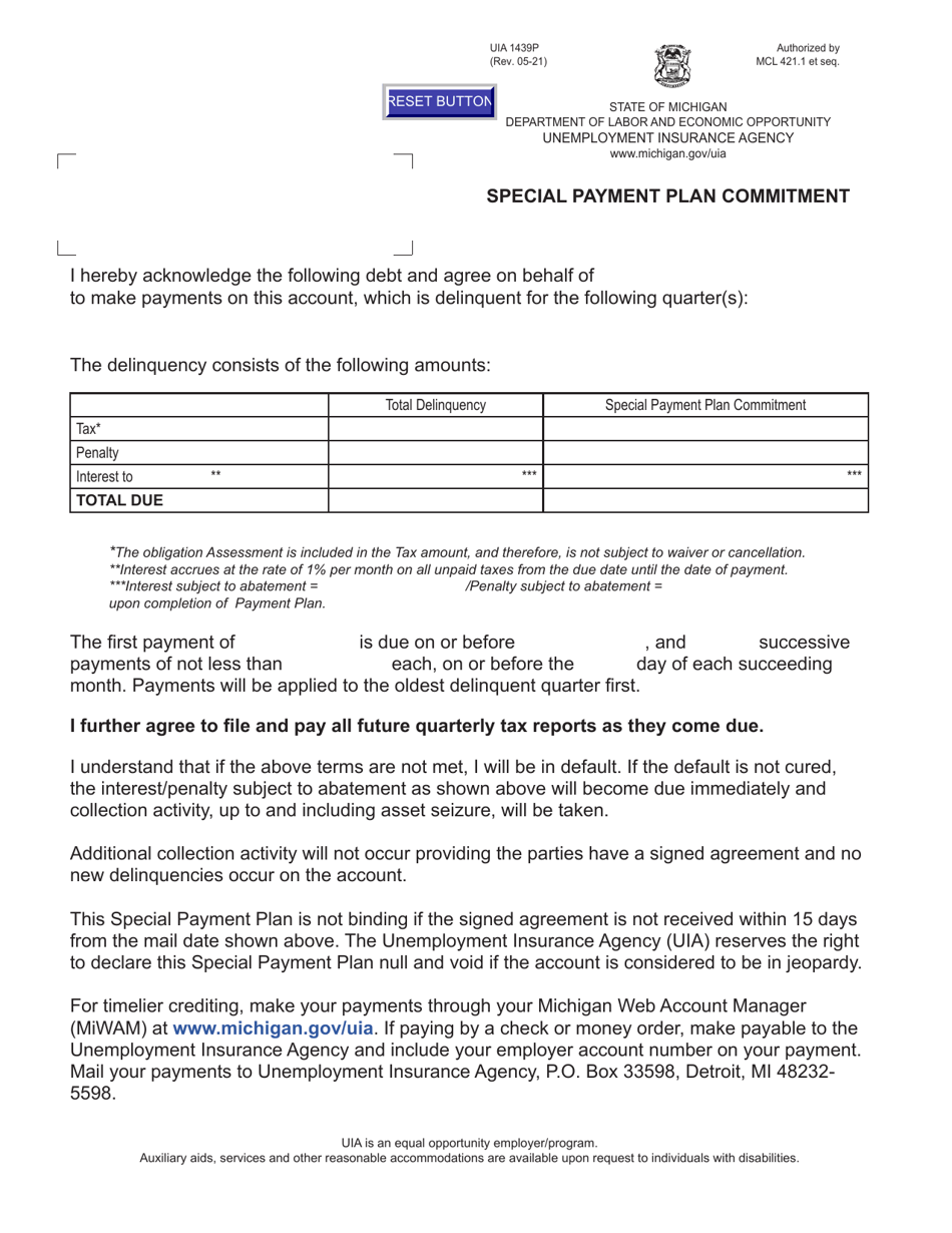 Form UIA1439P Special Payment Plan Commitment - Michigan, Page 1