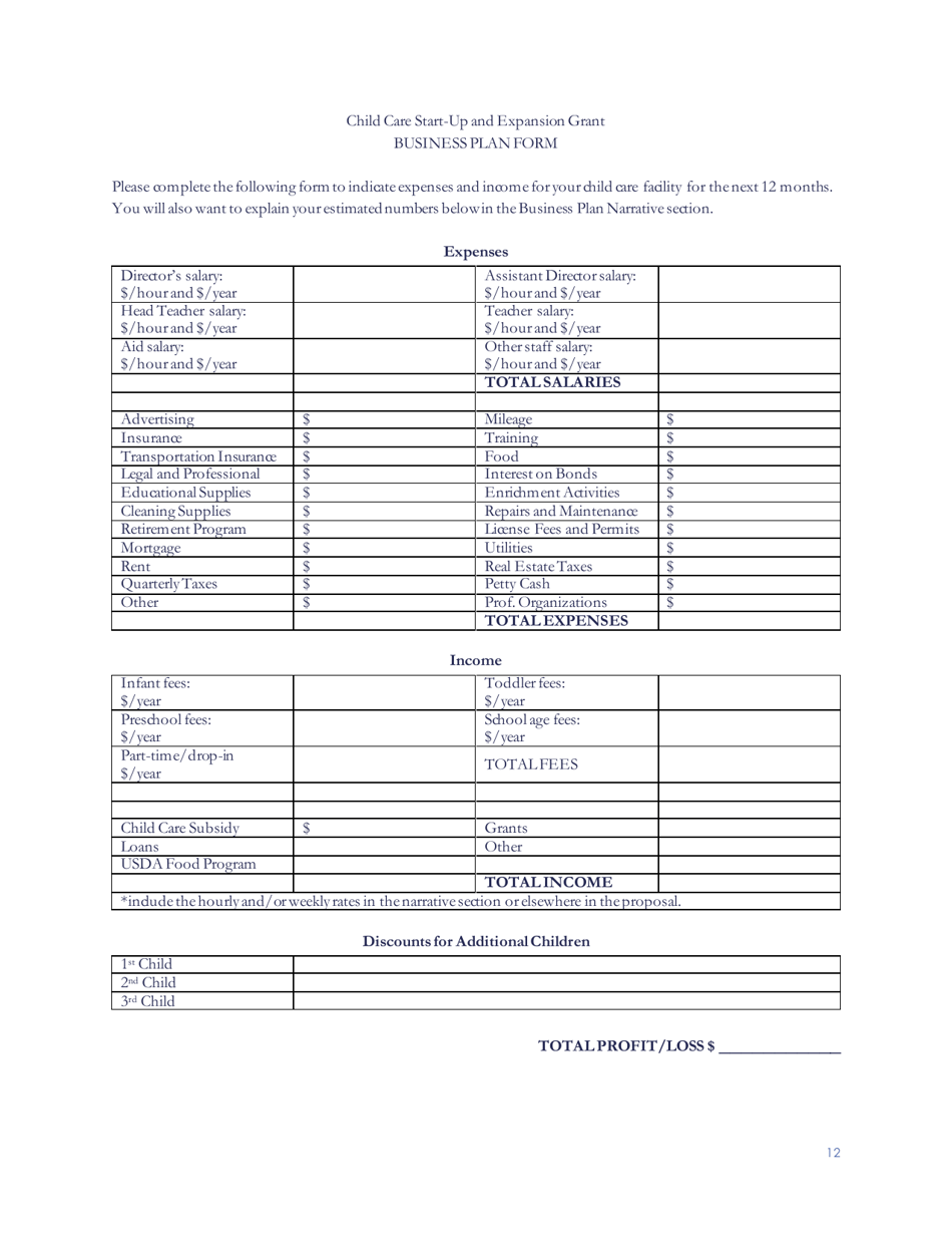 Child Care Start-Up and Expansion Grant Application Form - Nebraska, Page 13