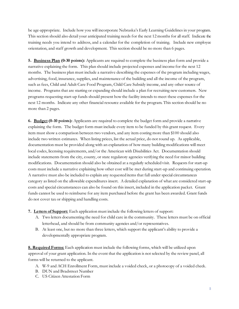 Child Care Start-Up and Expansion Grant Application Form - Nebraska, Page 6