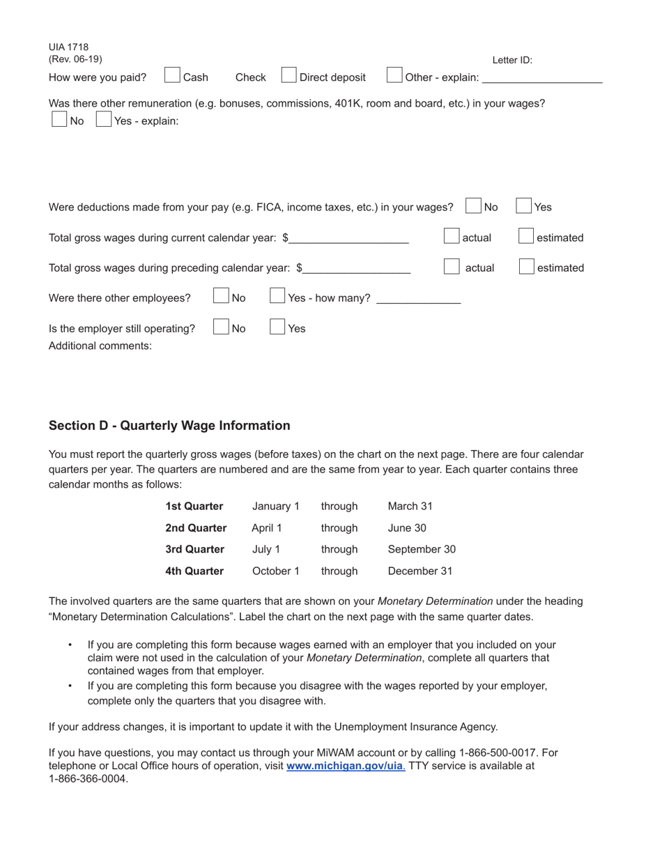Form UIA1718 Claimants Statement of Wages - Michigan, Page 2