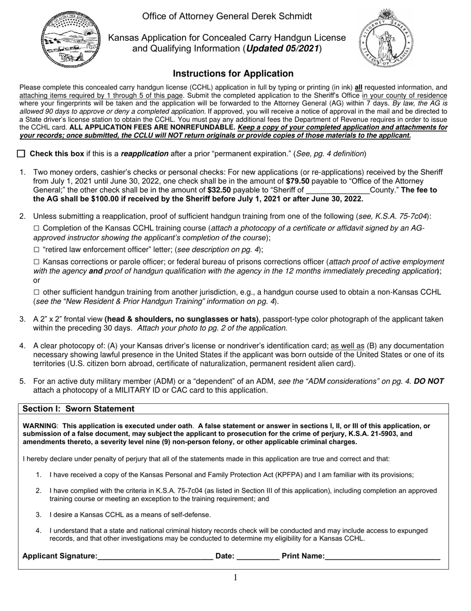 Kansas Application for Concealed Carry Handgun License and Qualifying Information - Kansas, Page 1