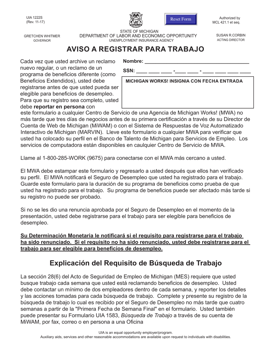 Formulario UIA1222S Aviso a Registrar Para Trabajo - Michigan (Spanish), Page 1