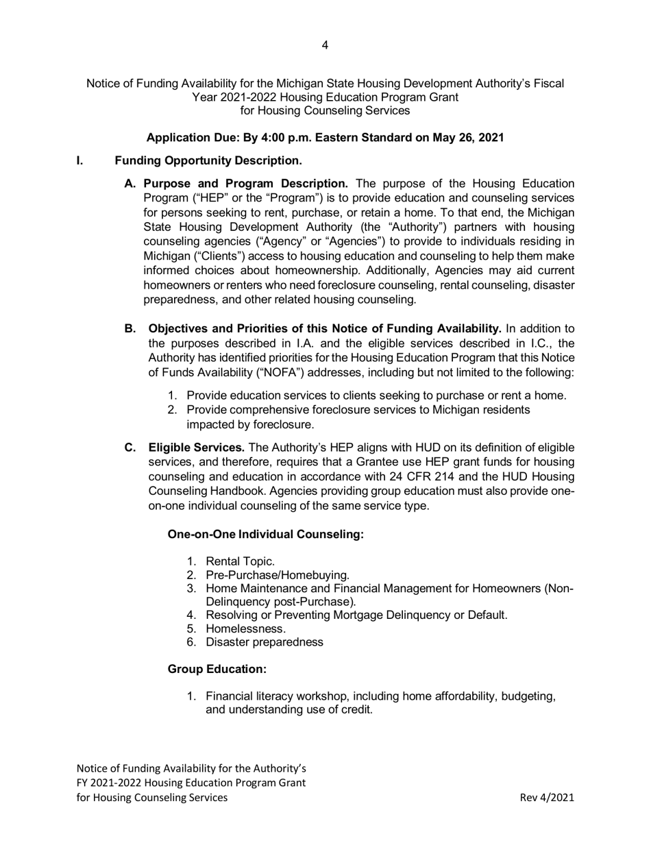 Housing Education Program Grant for Housing Counseling Services - Michigan, Page 4