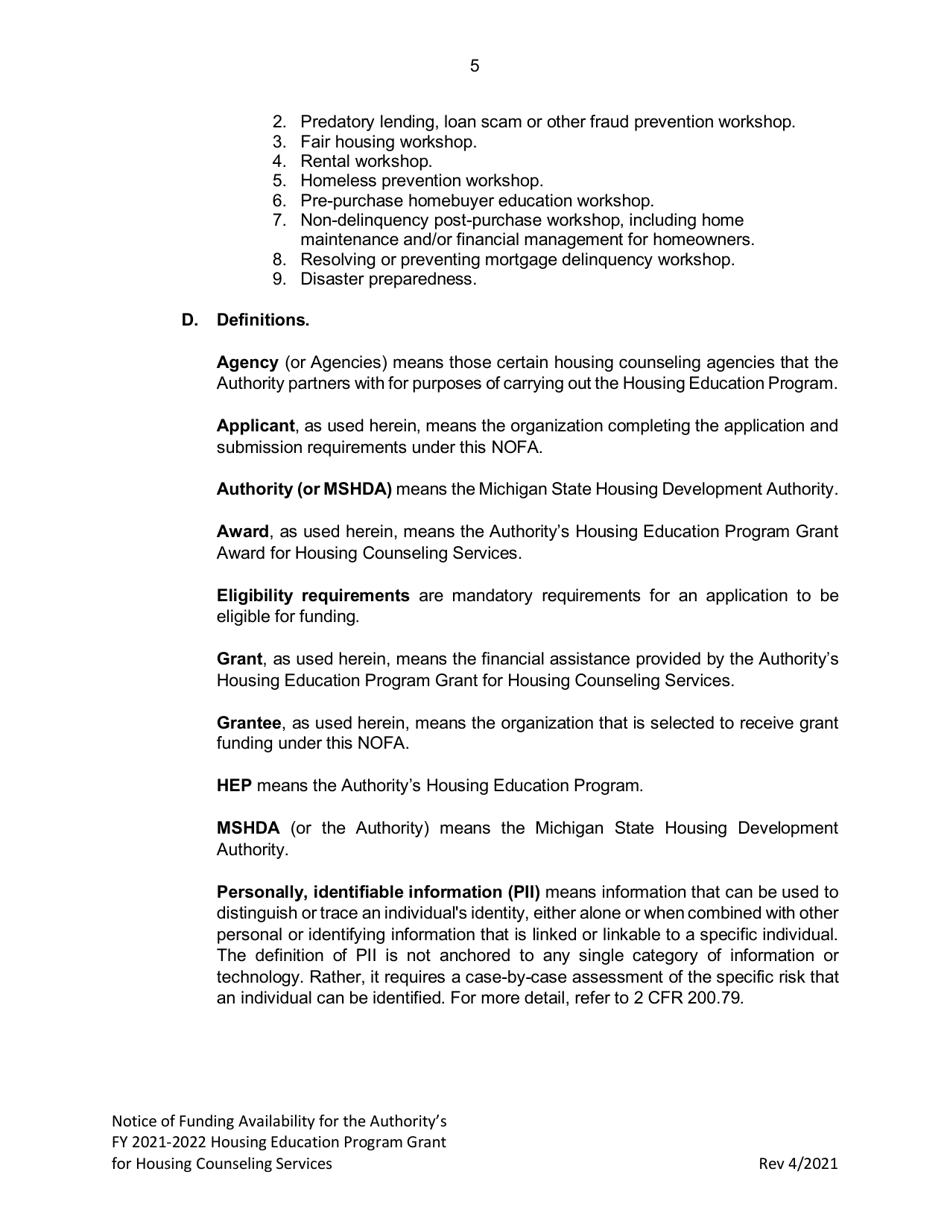 Housing Education Program Grant for Housing Counseling Services - Michigan, Page 5