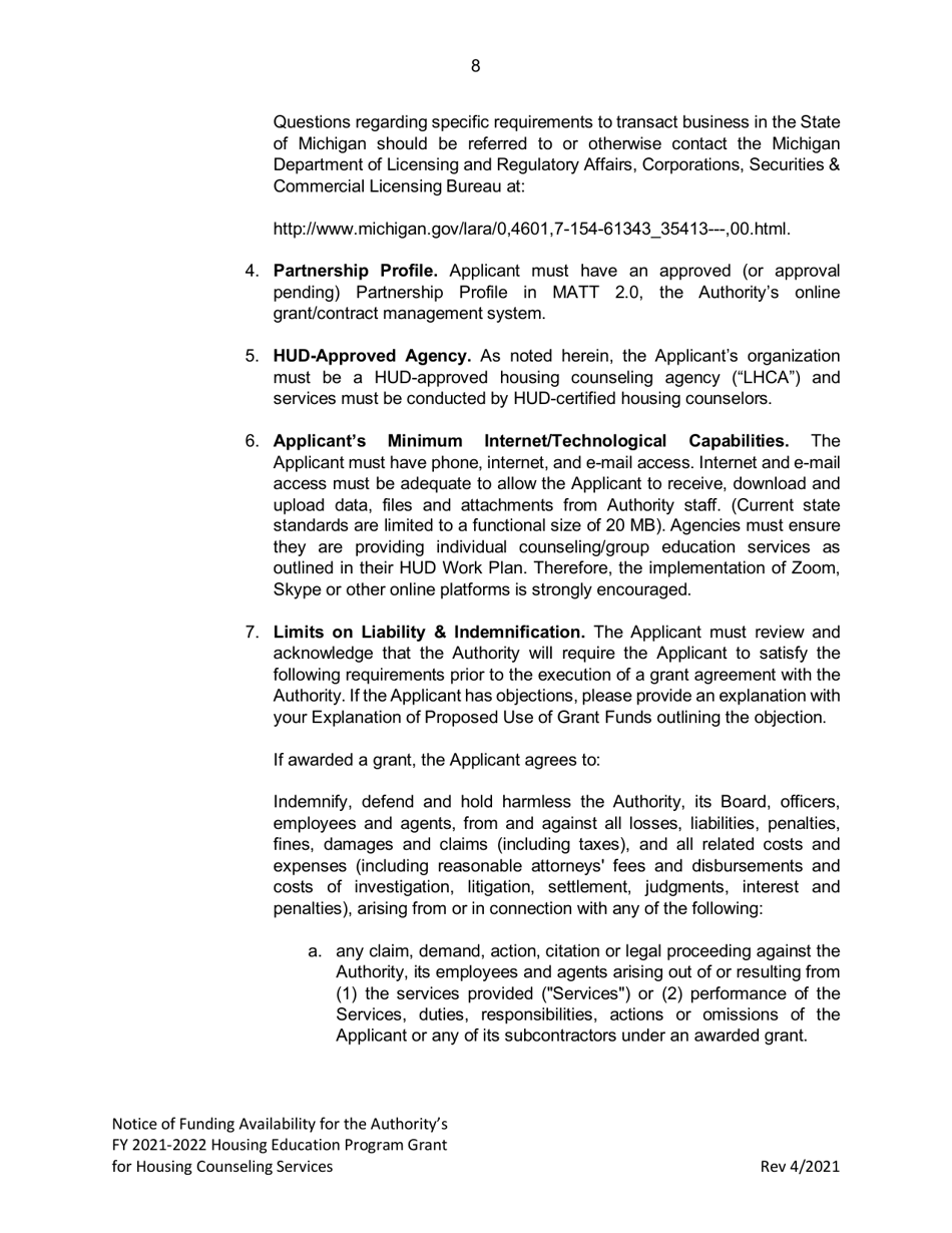 Housing Education Program Grant for Housing Counseling Services - Michigan, Page 8